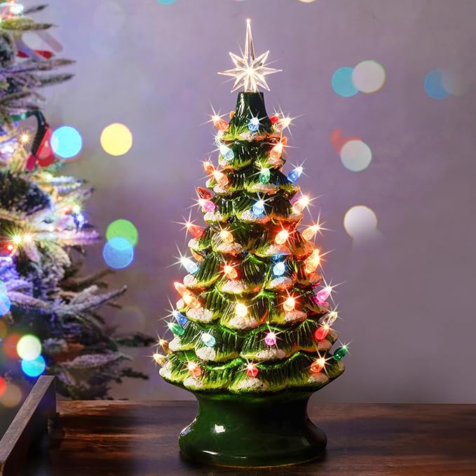 Lakumu 16.5" Table Top Christmas Tree, Hand Painted Resin Christmas Tree with Lights, Pre-lit Xmas Tree Decor Lighted Tabletop Decoration with Multicolored LED Bulbs, Ceramic-Like Finish