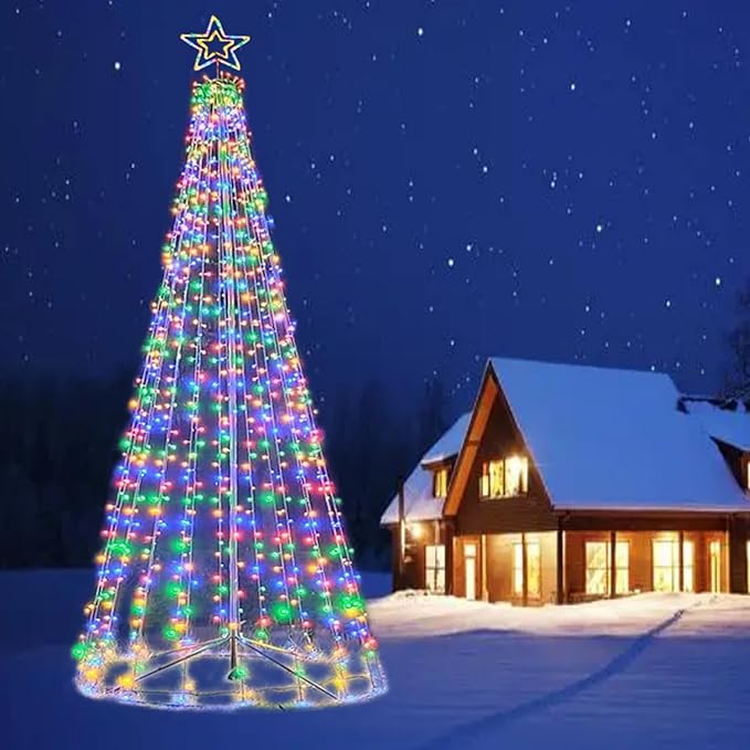 Fairyrain 12Ft Outdoor Lighting Christmas Tree Lights Cone Tall Star Topped Artificial Christmas Trees Arbol de Navidad Outside Decor for Xmas New Year Holiday Multicolor/WarmWhite