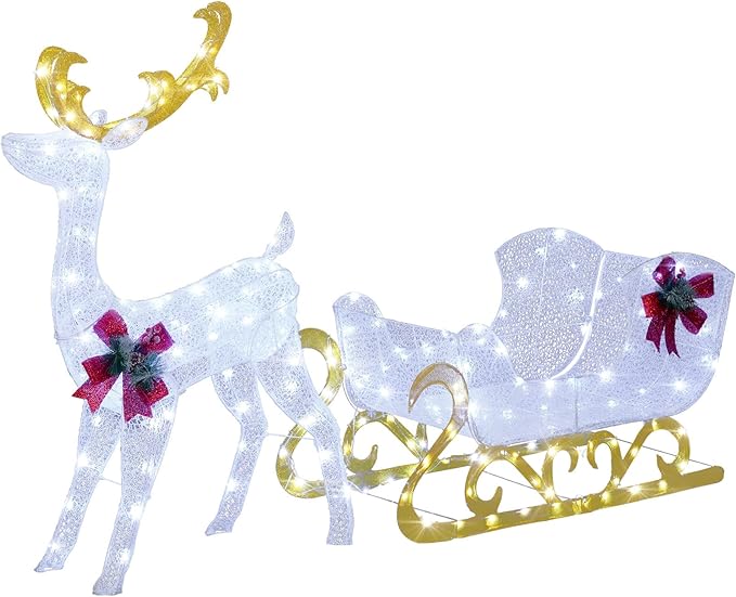 Tangkula 6 FT Christmas Lighted Reindeer & Santa’s Sleigh, Xmas Lighted Outdoor Yard Decoration with 215 LED Lights & 4 Ground Stakes, Artificial Christmas Décor for Indoor & Outdoor (Cold White)