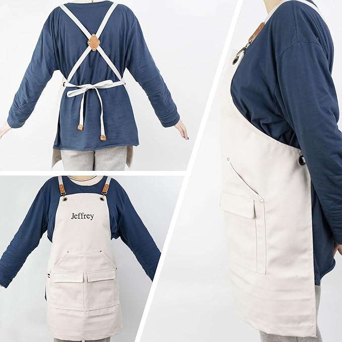 Personalized Chef Aprons for Men Women Canvas Cross Back Heavy Duty Work Apron for Coffee Shop Bartender Bistro Woodworking