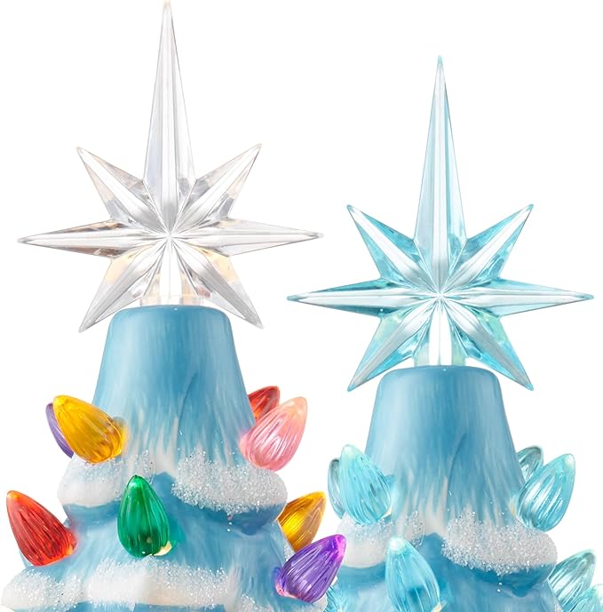 Casafield Hand Painted Ceramic Christmas Tree, Blue Snow Flocked 12-Inch Pre-Lit Tree with 100 Multi Color Lights and 2 Star Toppers