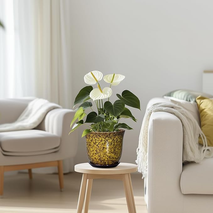 Ceramic Plant Pots - 5.6 Inch Planter with Drainage Hole and Saucer, Succulent Orchid Pots for Indoor Outdoor, Small Round Flower Pot, Room Window Office Decor, House Warming Gifts, Yellow