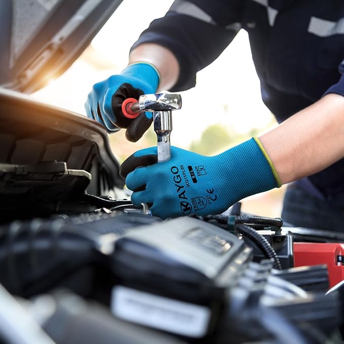 KAYGO Safety Work Gloves PU Coated-12 Pairs, KG11PB, Seamless Knit Glove with Polyurethane Coated Smooth Grip on Palm & Fingers, for Men and Women, Ideal for General Duty Work (XX-Large,Blue)