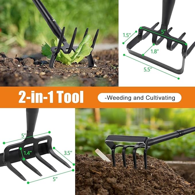 Hula Hoe Garden Tool - 2 in 1 Stirrup Action Hoe & Rake,Heavy Duty Weeding & Cultivating Tool,Adjustable Long Handle (36”-74”),Sharp Carbon Steel Blade for Effortless Gardening