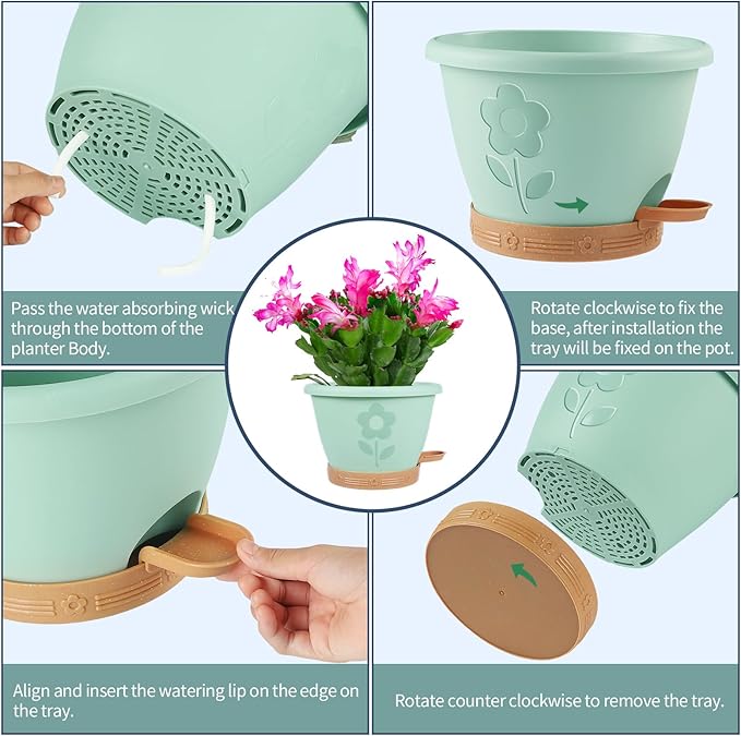 Plastic Plant Pots 10 Inch Set of 4, Self Watering Pots with Drainage Holes, Saucer & Reservoir, Flower Pots for Indoor/Outdoor Plants, Decorative Nursery Planting Pots (Green)