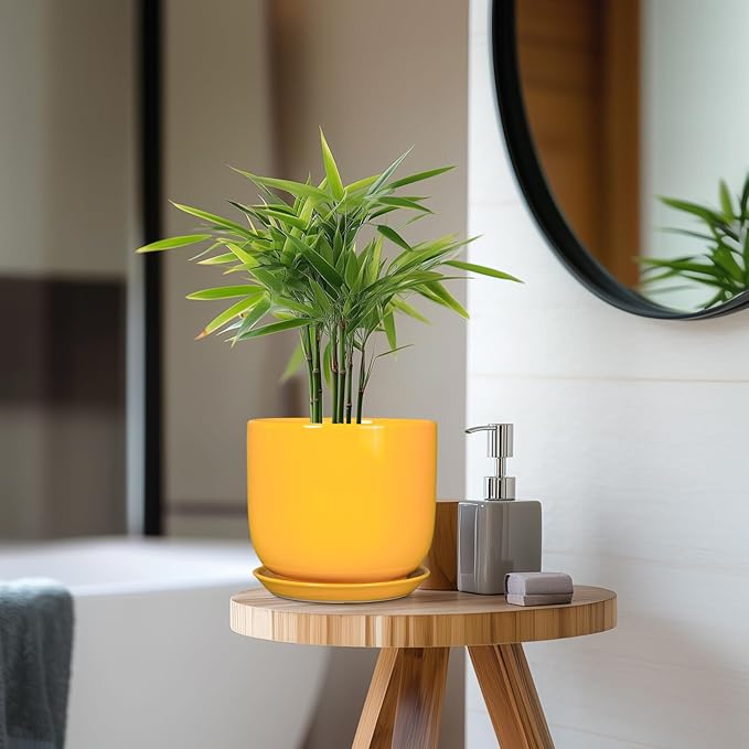 Indoor Plant Pot - 7 Inch Modern Round Ceramic Planter for Indoor Outdoor Plants with Drainage Hole and Saucer, Home Garden Office House Decor, Yellow