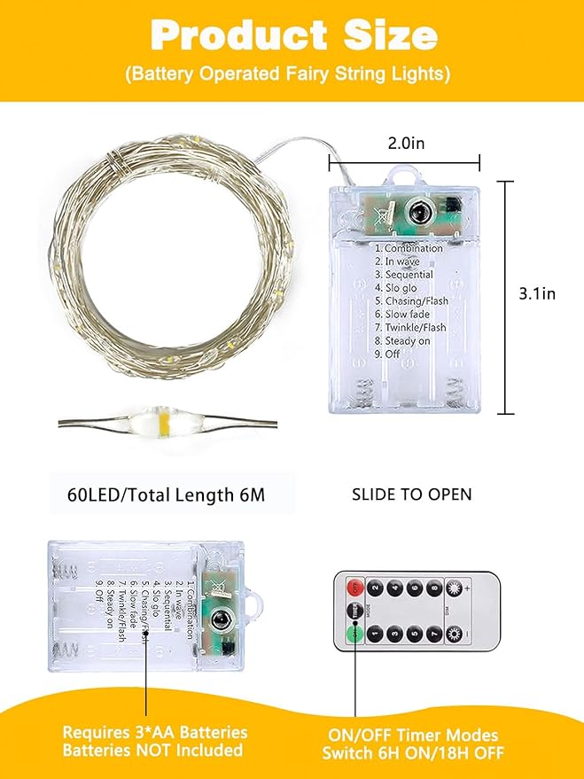 4 Pack 60LED Christmas Battery Operated Fairy Lights with Remote, 8 Modes String Lights with Timer, Dimmable, Memory Function, Waterproof Twinkle Lights for Outdoor Indoor Christmas Decor(Warm White)