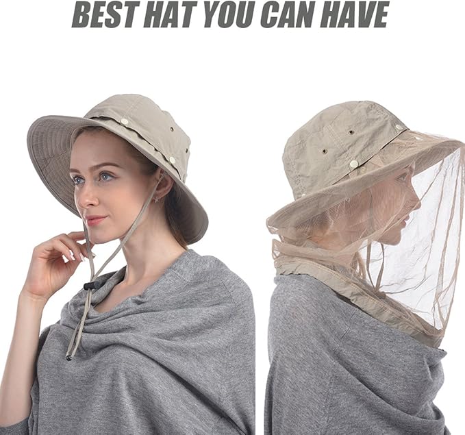 USHAKE Head Net Hat, Safari Hat Sun Hat Bucket Hat with Hidden Net Mesh
