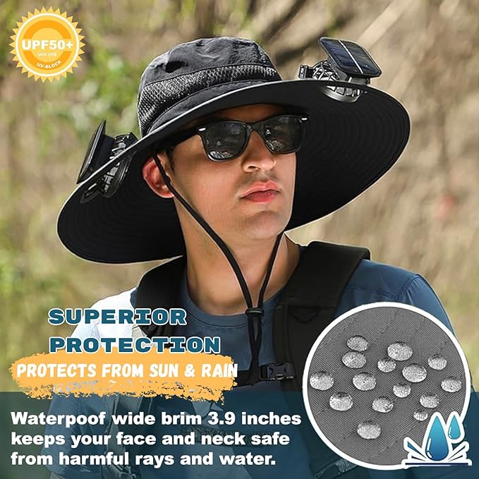 Outdoor Wide Brim Sun Hat with 2 Solar Fan Sun Bucket Hat for Men Women UPF 50+ Bucket Fishing & Beach Hat with Fan Built in