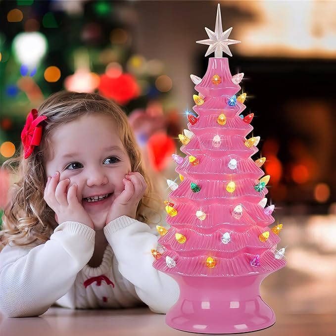 Lakumu 16.5" Table Top Christmas Tree, Hand Painted Resin Christmas Tree with Lights, Pre-lit Xmas Tree Decor Lighted Tabletop Decoration with Multicolored LED Bulbs, Ceramic-Like Finish, Pink
