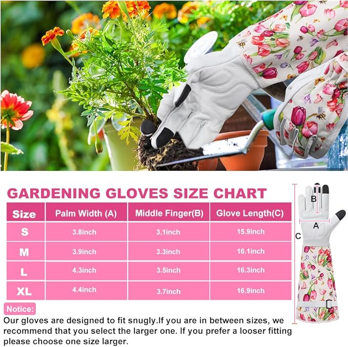 DLY Gardening Gloves for Women, Rose Gloves Gardening Thorn Proof, Long Garden Gloves for Women, Breathable Cowhide Leather Gauntlet(Small,White)