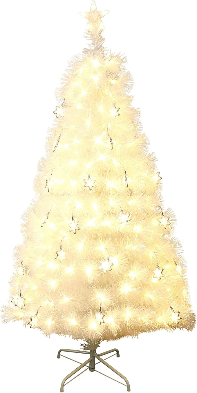 LuxenHome 5FT White Christmas Tree, 13 Lighting Funtions Artificial Fiber Optic Christmas Tree with 179 LED Lights, 336 PVC and Bristle Tips, Plug-in White Xmas Trees for Living Room, Entryway Decor