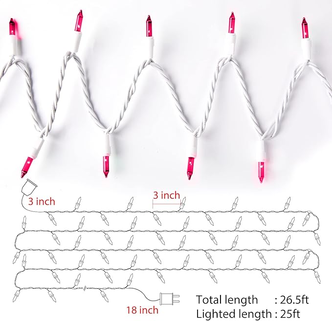 Christmas Pink Mini String Lights - 100 Count 25 Feet Detachable Incandescent Bulb Waterproof Fairy Lights Plug in for Indoor Outdoor Party Patio Xmas Tree Valentine's Day Decoration, White Wire
