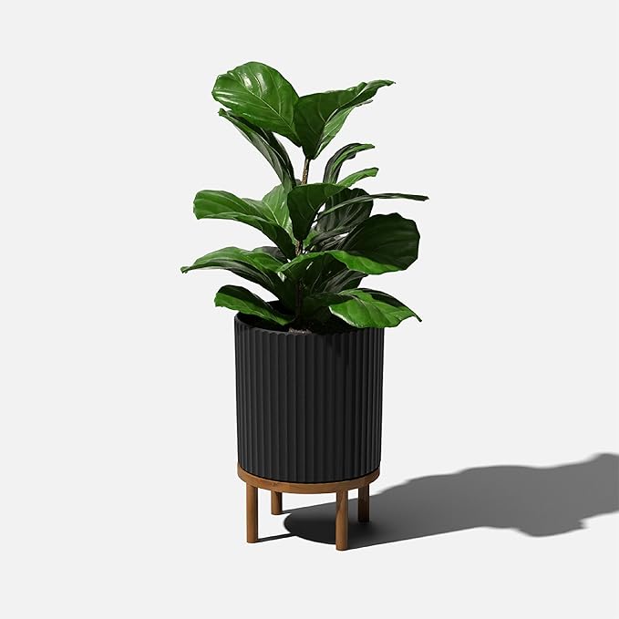 Veradek Demi Series Round Planter w/ Stand for Porch/Patio | Durable Plastic-Concrete & Wooden Stand | Modern Décor for Tall Plants, Flowers