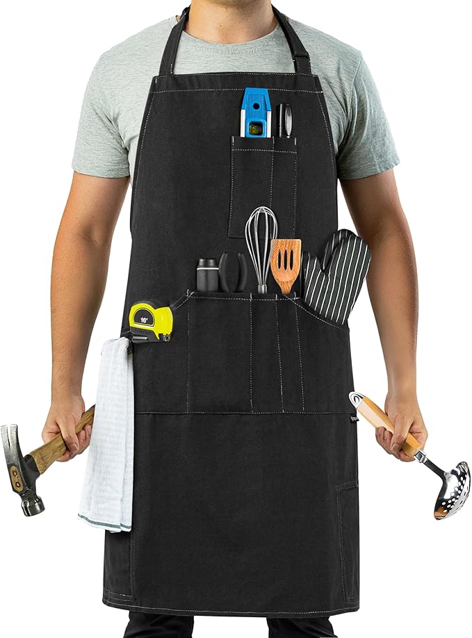 opux Chef Apron for Men, Kitchen Apron with Pockets for Women, Large Unisex Canvas Apron for Cooking Grilling BBQ Baking.