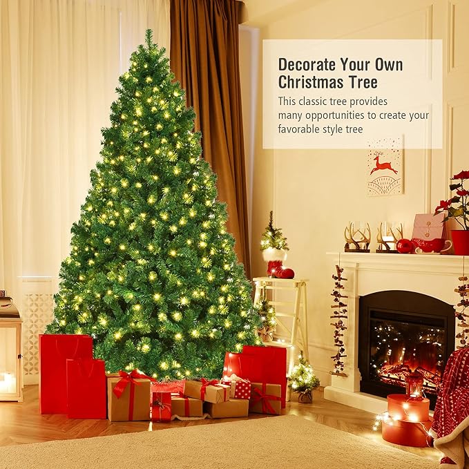 7.5ft Prelit Christmas Tree, Indoor Xmas Tree w/ 1346 PVC Branch, Pre-Strung 400 Warm White LED Lights & Metal Hinge, Artificial Christmas Tree for Home, Holiday, Party Decoration