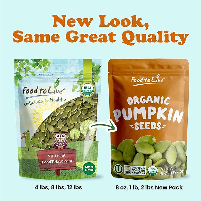 Food to Live Organic Raw Pepitas, 8 Ounces — Non-GMO, Pumpkin Seed Kernels, Unsalted, No Oil, No Shell, Vegan, Kosher, Bulk. Keto Snack.