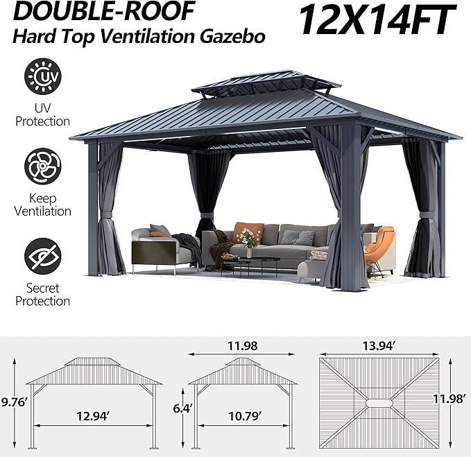12'x14' Hardtop Gazebo, Outdoor Double Roof Galvanized Steel Gazebos, Aluminum Frame Permanent Pavilion with Curtains & Netting for Backyard, Patio, Deck