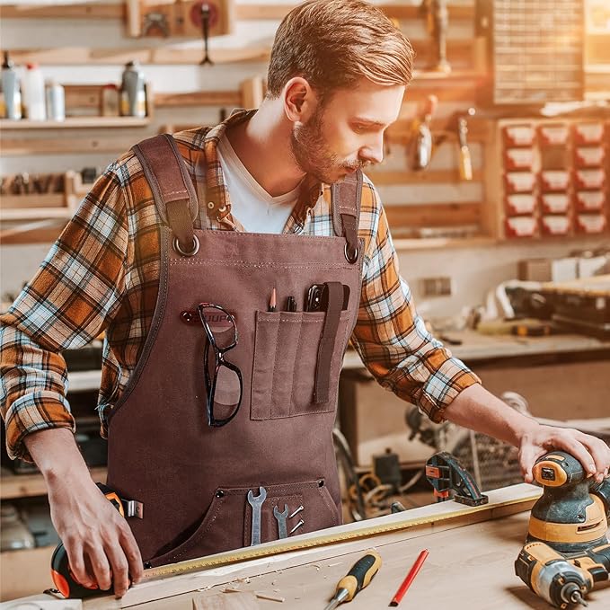 Woodworking Apron for Men, Shop Apron 20 oz Canvas Work Apron with 9 Tool Pockets, Heavy Duty Wood Working Workshop Bib Apron for Carpenter Woodworker Blacksmith, Men Gift, Adjustable to S- 3XL, Brown