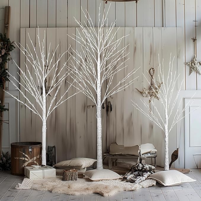 Dazzle Bright 3 Pack Light up Birch Tree, 4FT 96 LED/ 6FT 120 LED/ 8FT 240 LEDs Pre lit Birch Christmas Tree for Xmas Indoor Outdoor Home Party Garden Decor