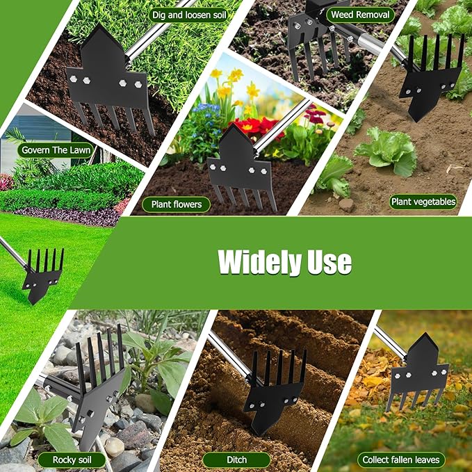 2-in-1 Hoe Garden Tools, 17-58" Weed Puller Tool with Long Handle, Heavy Duty Handle Garden Hoe and Weed Rake, Hoes for Gardening Yards Lawns Gardens Weeding