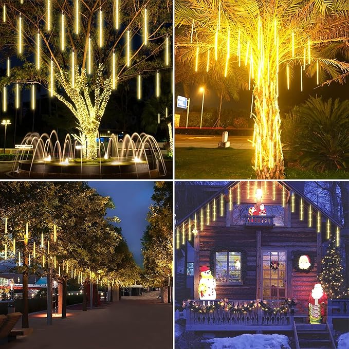 2-Pack Extendable Meteor Shower Christmas Lights Outdoor, 16 Tubes 384 LEDs Waterproof Falling Rain String Lights, Christmas String Lights Outdoor for Tree Patio Garden Holiday Decorations(Warm White)