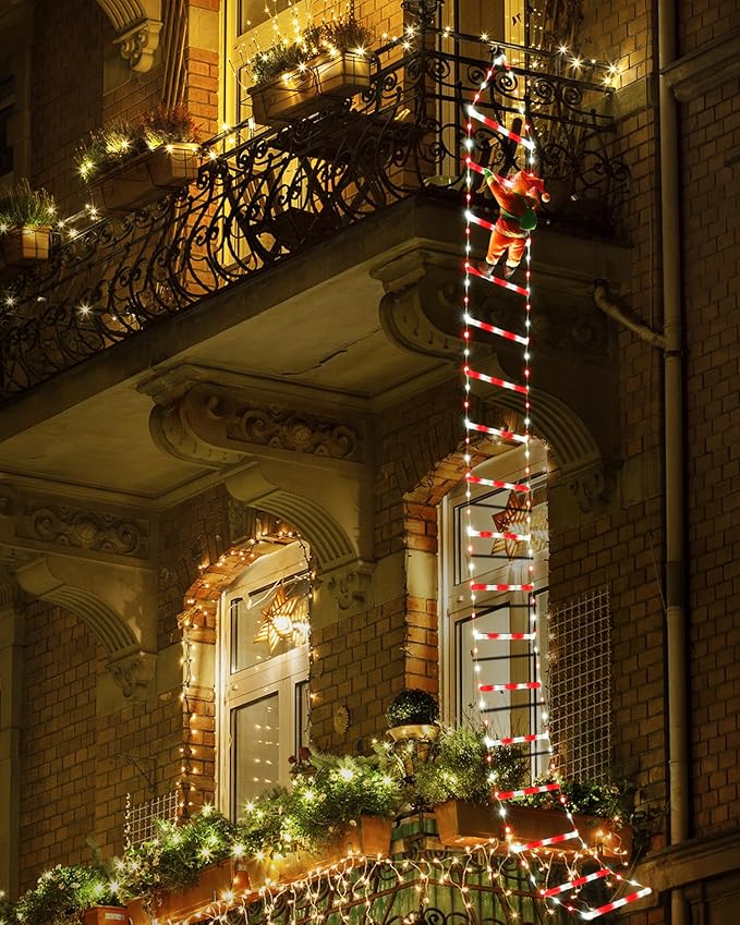 Toodour LED Christmas Lights - 10ft Christmas Decorative Ladder Lights with Santa Claus, Xmas Decorations Light for Indoor Outdoor, Window, Garden, Home, Wall, Xmas Tree Decor - White & Red