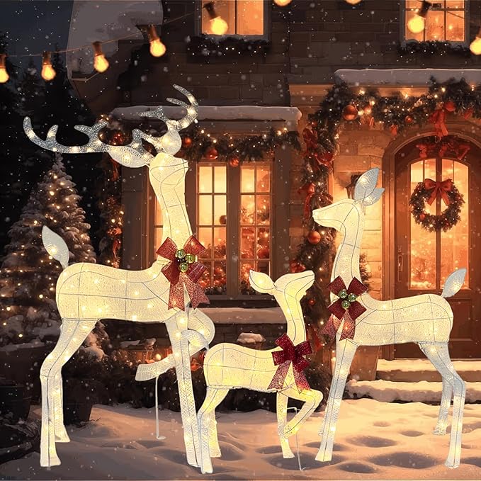 55" Outdoor Lighted Reindeer Christmas Decorations, 3-Piece Reindeer Family Set with 240 LEDs, Bells, Red Bows, Durable Weatherproof Metal Frame for Yard, Garden, Indoor Holiday Decor, White