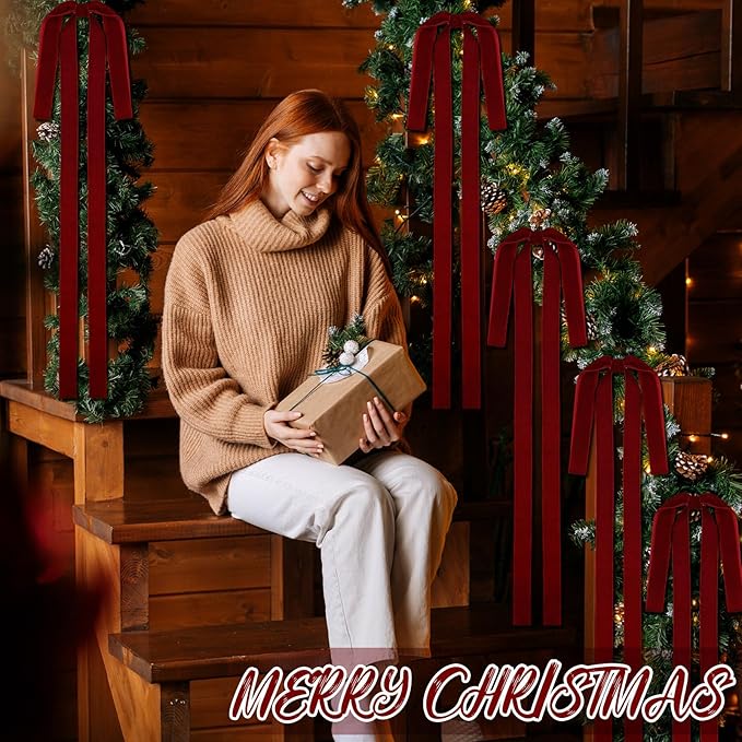 Janinka 12 Pcs Large Velvet Christmas Swag Bow 31.5 x 23.6 inch Rustic Velvet Staircase Wreath Bows Vintage Christmas Tree Topper Bows Large Bow for Outdoor (Wine Red)