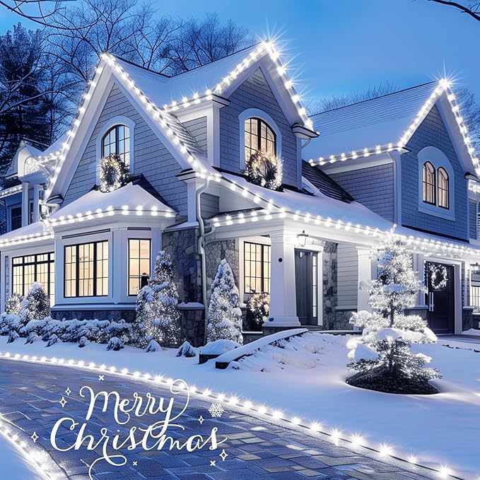 C9 LED Christmas Lights Outdoor, 68Ft 100 LED String with All in One Clips, Commercial Grade Waterproof Outdoor Christmas Lights for House Outside Roofline Xmas Decor, Pure White