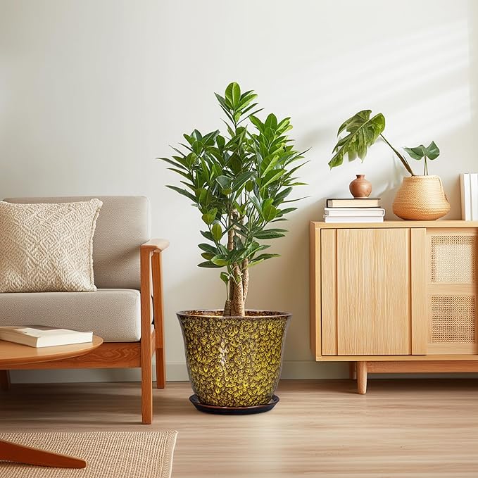 12 Inch Plant Pot - Ceramic Pots for Plants with Drainage Hole and Saucer, Round Planter for Indoor Outdoor, Large Flower Pots, Modern Planter, Patio House Decor, Plant Lovers Gifts, Yellow