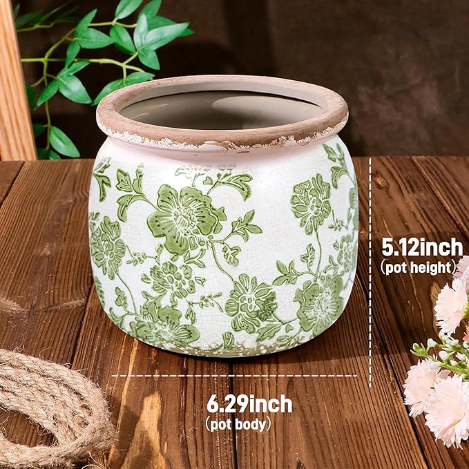 Ceramic Pot for Planter, Vintage Flower Pot with Drainage Holes, 6.29 inch Ice Crack Glazed Indoor Planters Pot (Modern)