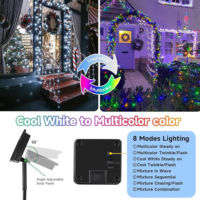 Cool White and Multicolor Color Changing Solar String Lights for Outside, 2 Pack 400LED Solar Christmas Lights Outdoor, Waterproof Copper Wire with 8 Modes Twinkle Fairy Light for Tree Christmas Decor