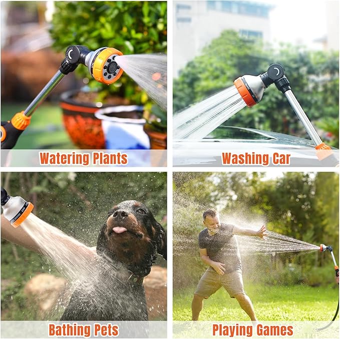 Metal Garden Hose Wand,15 Inch Adjustable Watering Wand with 8 Spray Patterns,180° Rotating Long Garden Hose Nozzle Sprayer with Thumb Flow Control for Plants, Lawn, Car Washing and Irrigation