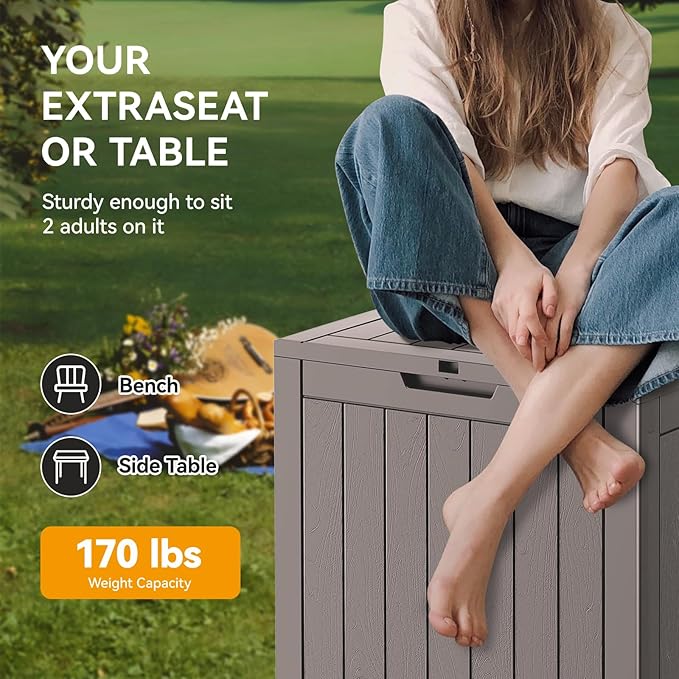 KAMABOKO 32 Gallon Resin Deck Box 2 Pack Outdoor & Indoor Waterproof Storage Box for Garden Tools, Package Delivery, Pool Supplies, Patio Cushions, Grey(Set of 2)