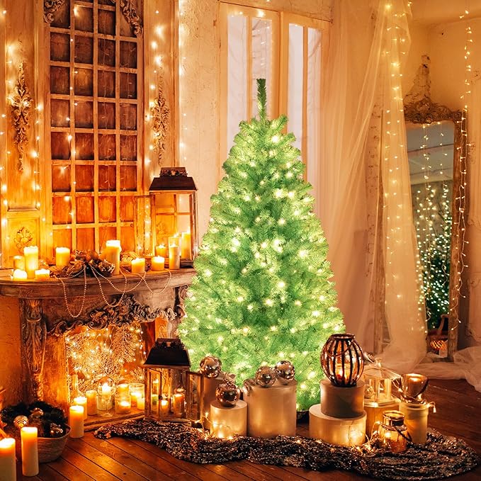 Goplus 6 FT Blue Pre-Lit Christmas Tree, Artificial Hinged Xmas Full Tree with 280 Warm White LED Lights, 758 Lush Branch Tips, Foldable Metal Stand, for Seasonal Home Office Decoration