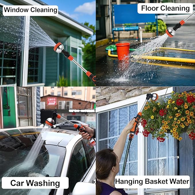 17.5" Gardening Watering Wand | 8 Spray Patterns & Thumb-Controlled Switch | 180° Rotating Long Nozzle| for Plants, Hanging Baskets and Shrubs, Pet Bathing, Wall Washing-Orange