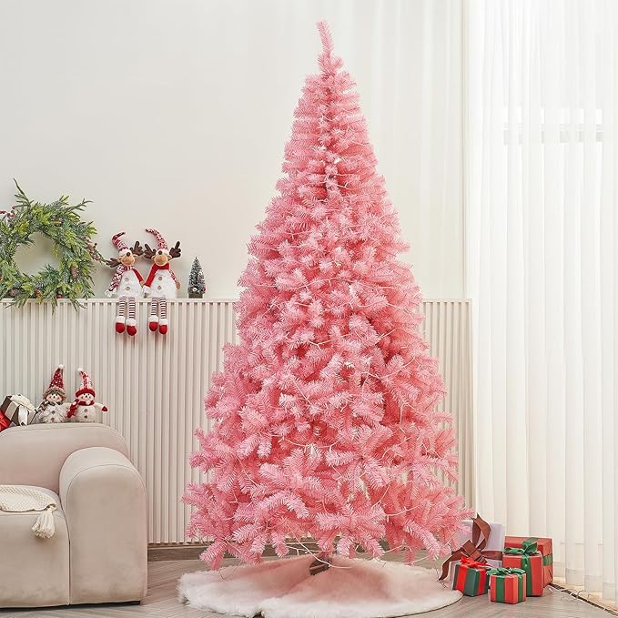 Juegoal 7.5 FT Artificial Christmas Tree (NOT Pre-Strung) with 450 LED Warm White String Lights, Spruce Hinged Tree, 8 Lighting Modes, Fake Xmas Pine Tree with Metal Legs, 1350 Branch Tips, Pink