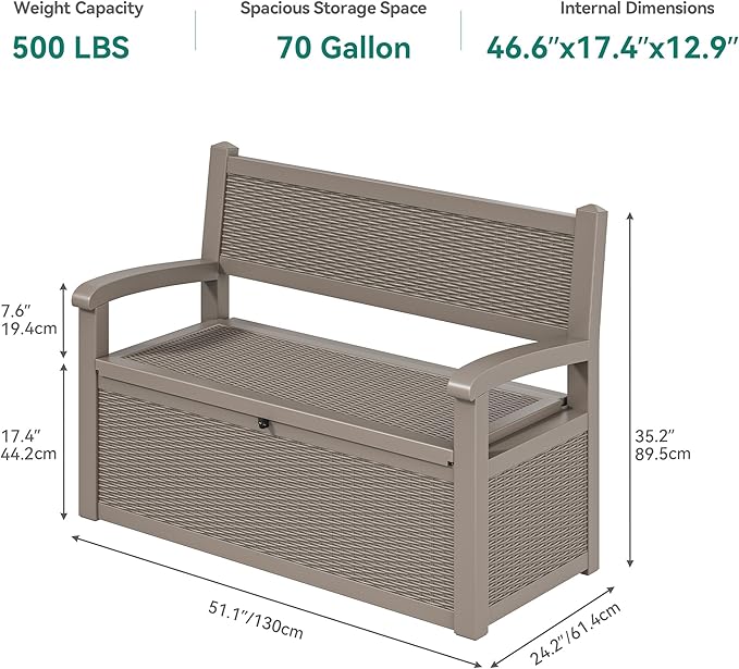 YITAHOME 70 Gallon Storage Bench Deck Box, Lockable Patio Bench, Waterproof Outdoor Pool Deck Storage for Patio Cushions, Garden Tools and Pool Supplies, Light Brown