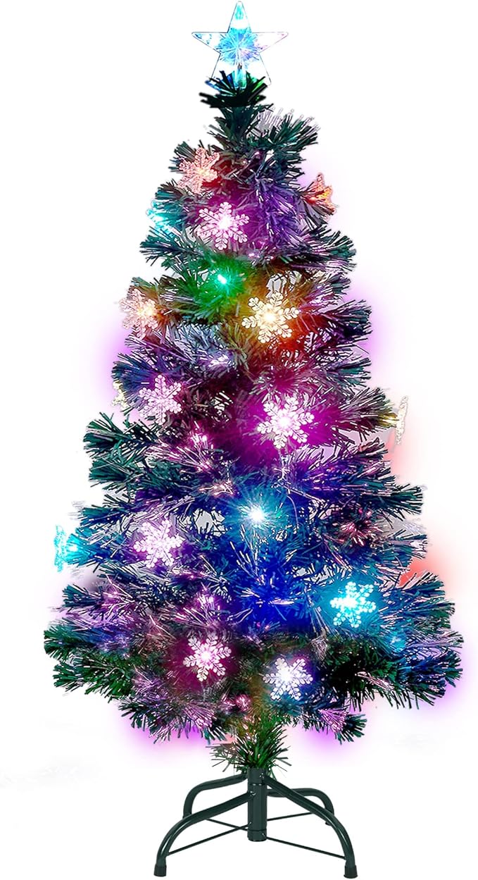 Juegoal 4 ft Pre-Lit Artificial Christmas Tree, Lighted Optical Fiber Xmas Trees with RGB Color Changing LED Lights, Snowflakes & Top Star, Festive Party Holiday Fake Multicolored Tree with Metal Legs
