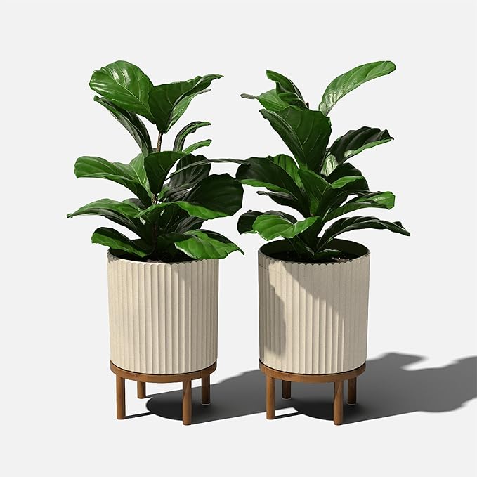 Veradek Demi Series Round Planter w/Stand for Porch/Patio | Durable Plastic-Stone Composite & Wooden Stand | Modern Décor for Tall Plants, Flowers