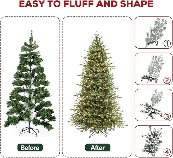 Hykolity 7.5 ft Prelit Artificial Christmas Tree, 2933 PE&PVC Branch Tips, 450 Warm White LED Lights, Metal Stand and Hinged Branches