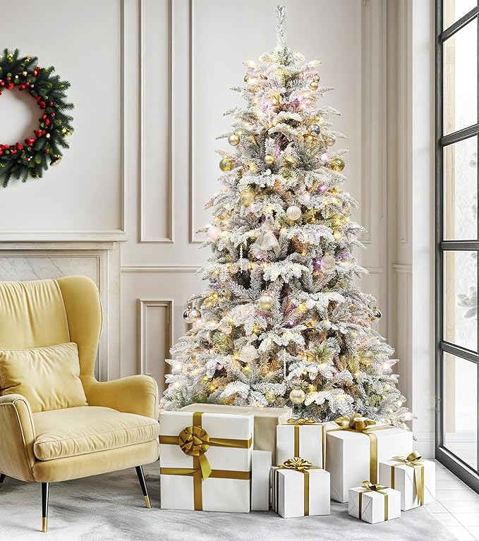 DWVO 6.5 FT Pre-Lit Snow Flocked Christmas Tree, Layered Artificial Xmas Tree with 760 PE & PVC Branch Tips and 350 Multi-Mode Lights for Home, Office, and Party Decor with Remote Control