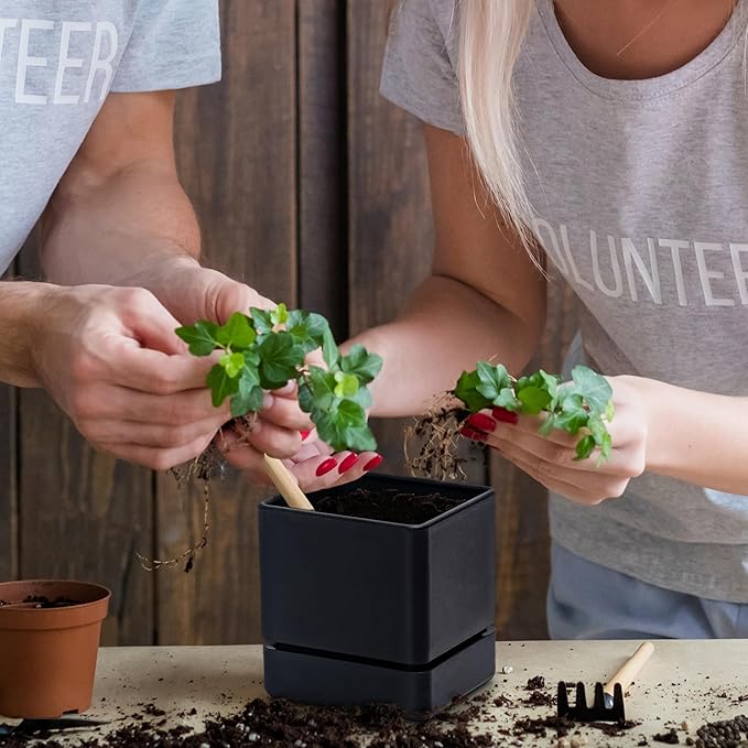 4 Inch Herb Planter Pot, Plastic Planter with Drainage Holes and Saucer, Modern Decorative Gardening Pot for Indoor Plants, Flowers, Herbs, Succulents, Black, Set of 6, 76-Y-B-6