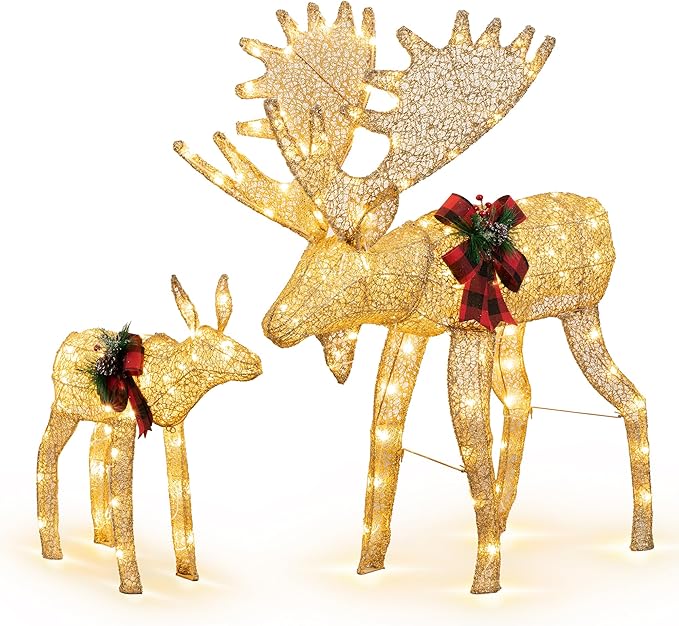 Vongrasig 2-Piece 3D Lighted Christmas Reindeer Family, Pre-Lit Gold Christmas Decor Deer with 170 Warm White LED Lights, Outdoor/Indoor Festive Holiday Decoration for Yard Patio Lawn Garden Party