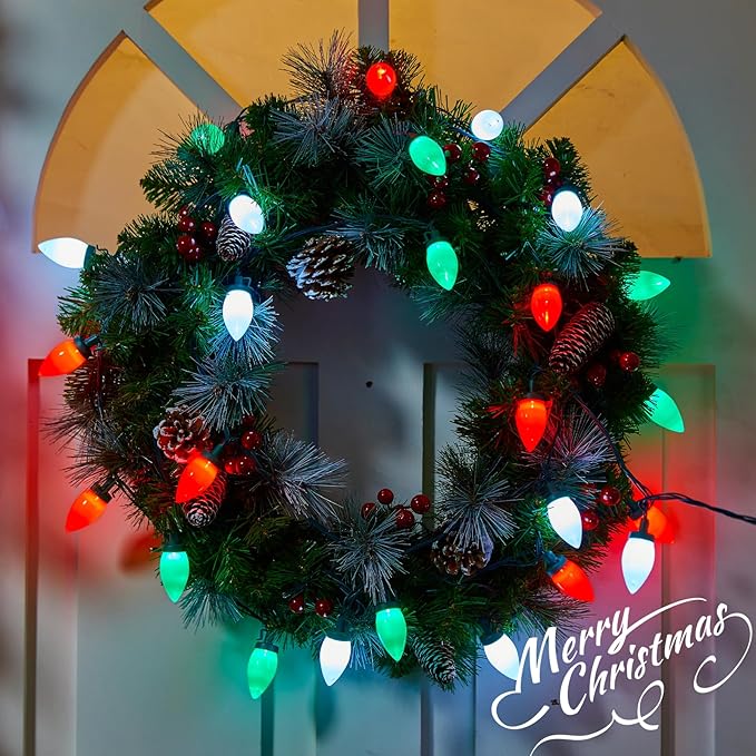 C9 Christmas Lights Outdoor Waterproof, 81 Feet 100 LED C9 String Lights with Timer & 8 Light Mode, Connectable Christmas Tree Lights for Indoor Outside Roofline Decoration, Red, Green & Pure White