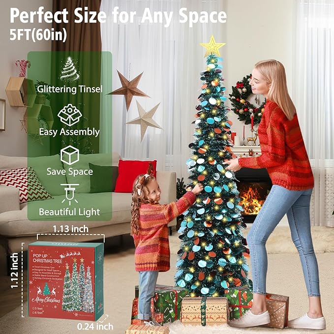 HMASYO 5 FT Pop Up Christmas Tree with Timer Lights, Blue Christmas Tinsel Tree, Collapsible Artificial Pencil Christmas Tree for Indoor Home Apartment Porch Holiday Party Decorations