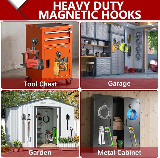 3-H Heavy Duty Magnet Garage Hooks 4 Pack, J Shape Strong Magnetic Hooks for Hanging Cordless Power Drill, Utility Magnetic Tool Holder for Metal Cabinet, Steel Pegboard, Toolbox, Garage(Grey)