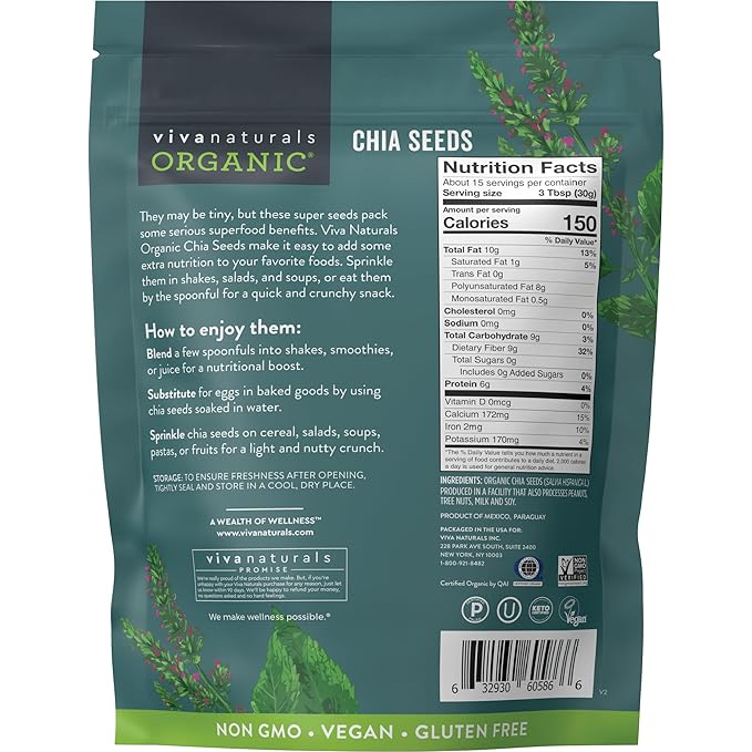 Viva Naturals Organic Chia Seeds, 1 lb (454 g) – Plant-Based Omega-3 and Vegan Protein, Gluten Free & Non-GMO, Perfect for Smoothies, Salads & Chia Pudding