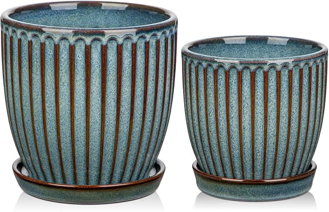 Oairse Ceramic Pots for Indoor Plants, 4.9 +5.7 inch Pots for Plants Set of 2 Marble Blue Plant Pots with Drainage Holes and Saucers Texture Ceramic Planters Indoor Outdoor Flower Pots for Succulent